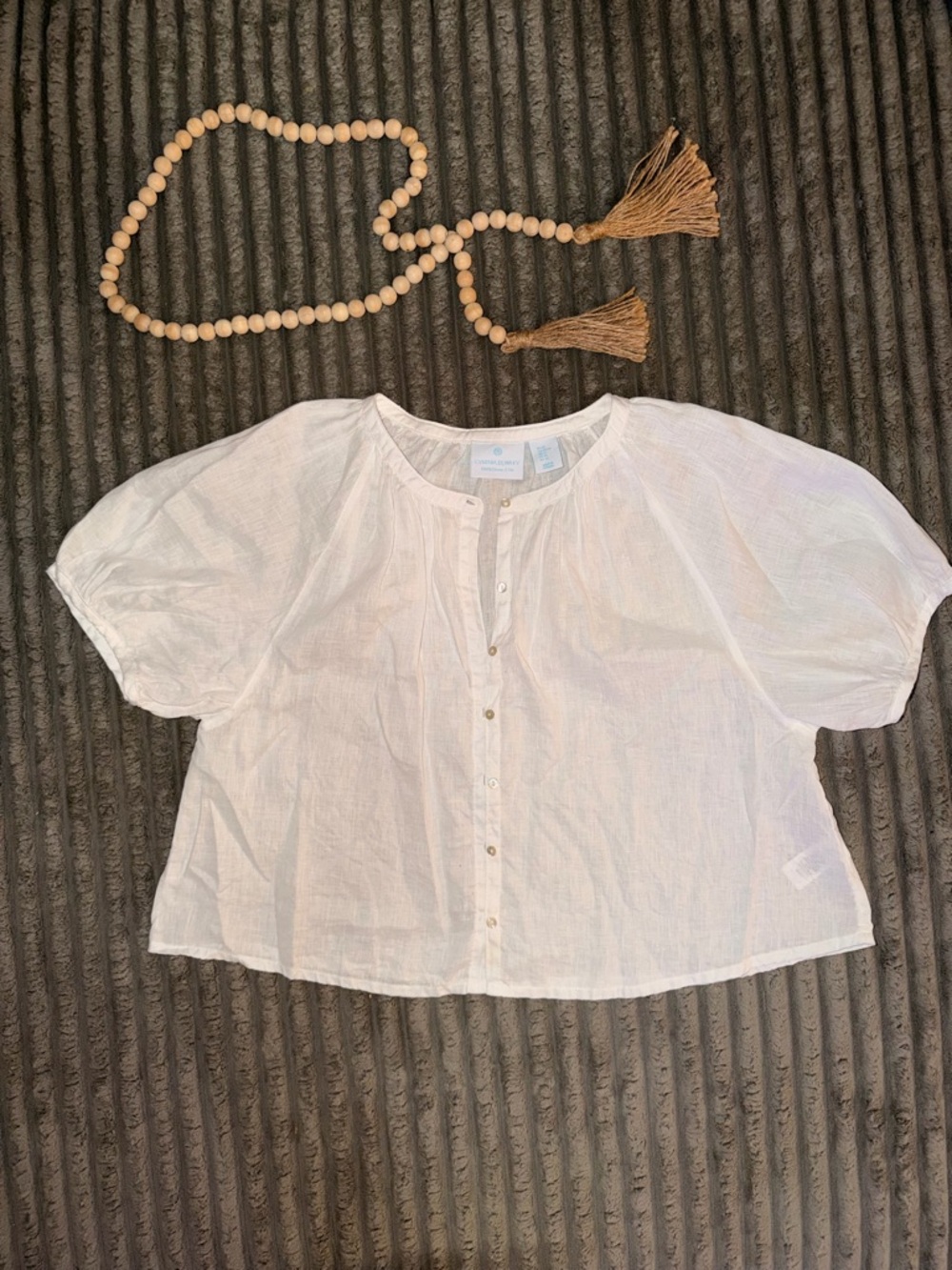 Cynthia Rowley White Short-Sleeve Button Front Cotton Top 100% linen